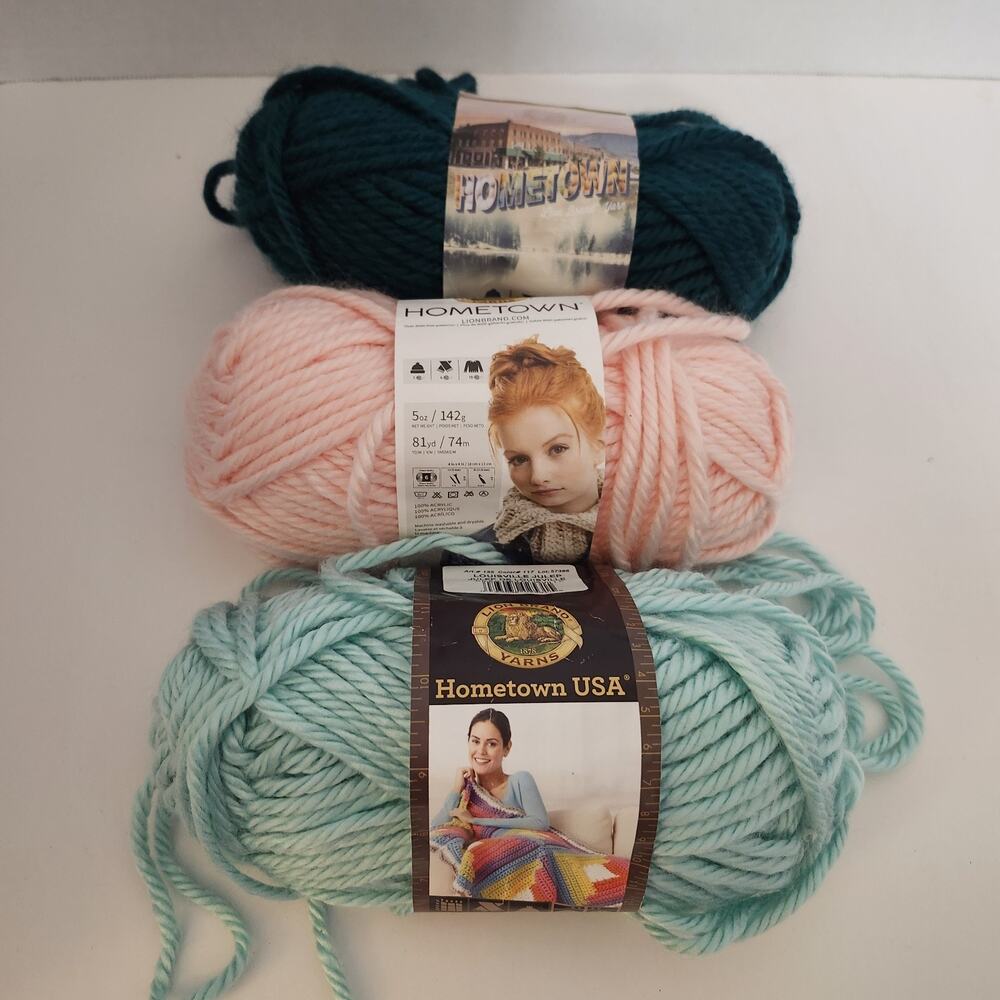 Lion Brand Yarn 3 Hometown Acrylic Bulky Yarn #6 81 yds Pink Green Aqua New +